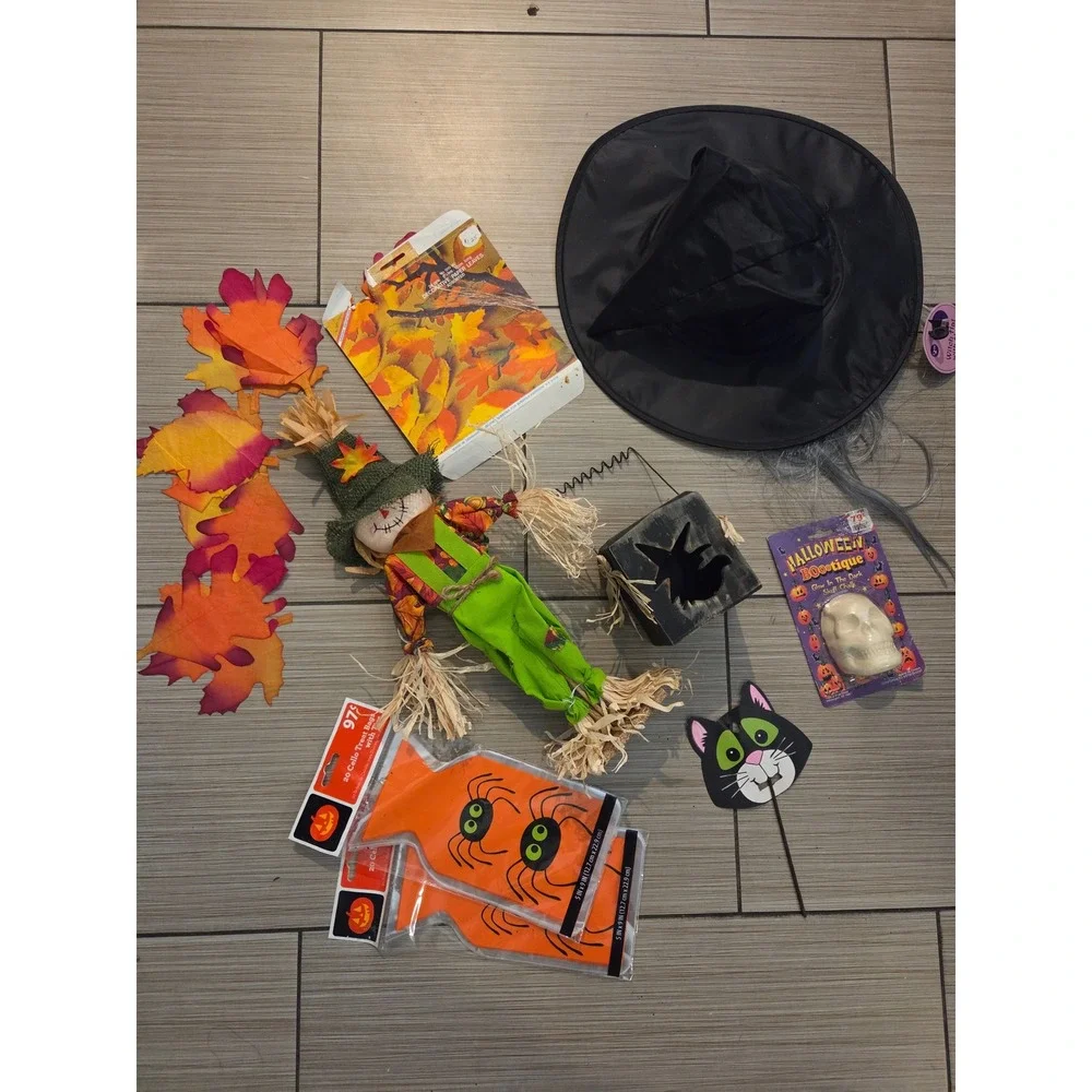 Halloween Decor Bundle Scarecrow Witch Hat Treat Bags Glow Skull Craft Leaves